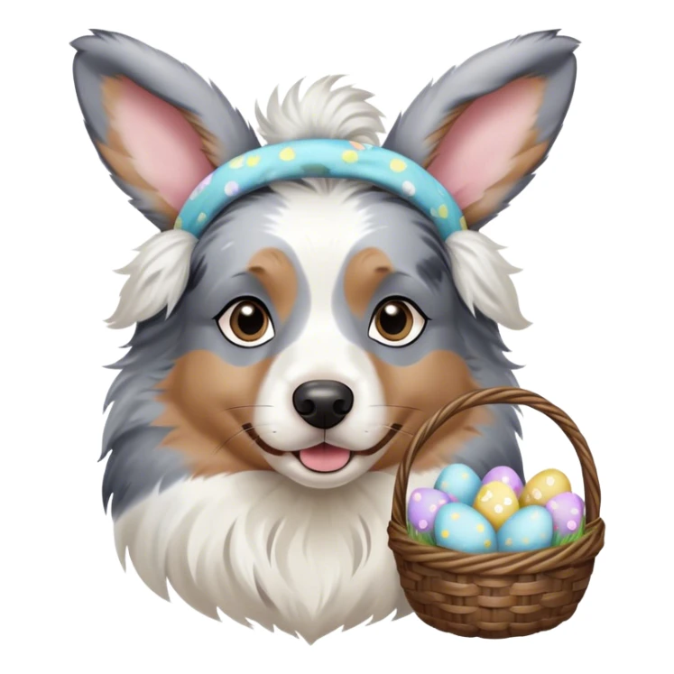 Blue merel Australian Shepherd with Easter bunny headbands and is holding an Easter egg basket sticker