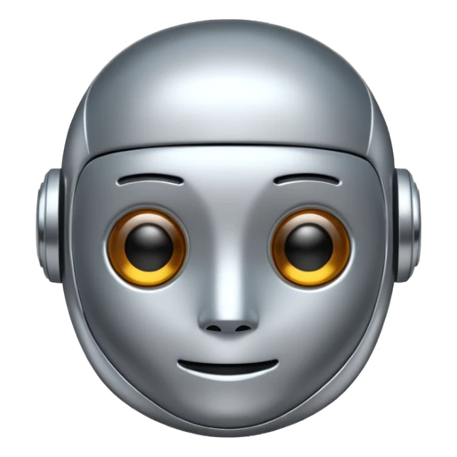 A cute futuristic robot emoji made of silver chrome, rounded friendly body, minimal facial features, glossy metallic surface, soft reflections, iOS emoji style, centered, clean white background sticker
