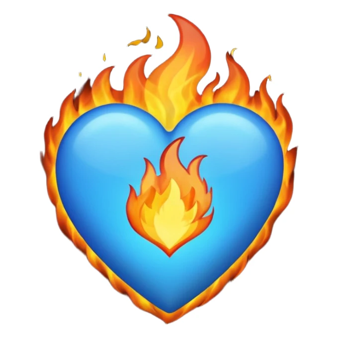 Change the white heart to a blue heart, keep the fire surrounding it on all sides, in emoji style. sticker