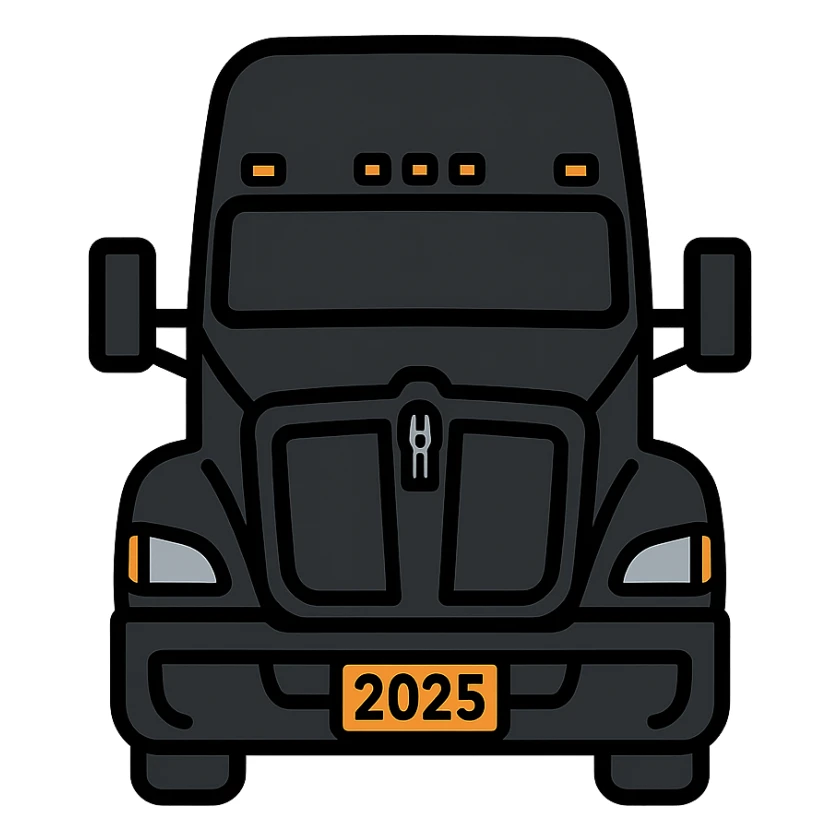 2025 Kenworth T680, black, front view, close-up, detailed vector illustration style sticker