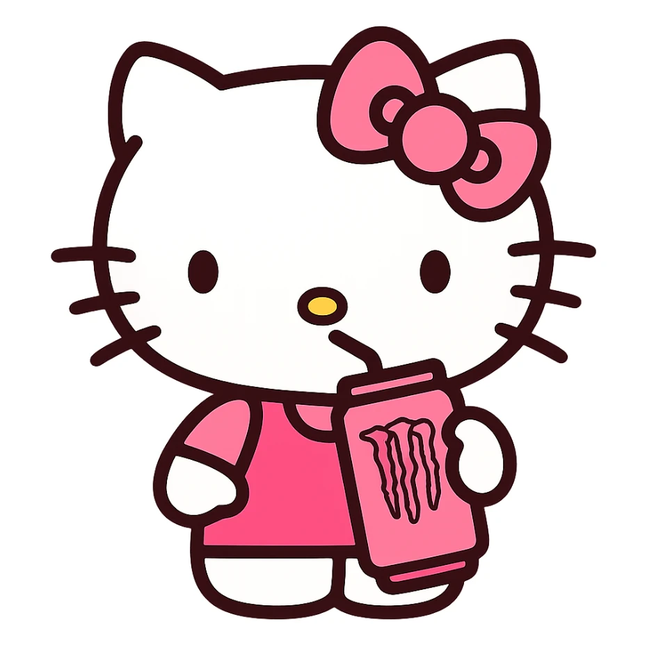 Hello Kitty drinking Monster Energy Drink, pink and white girly aesthetic, icon style sticker