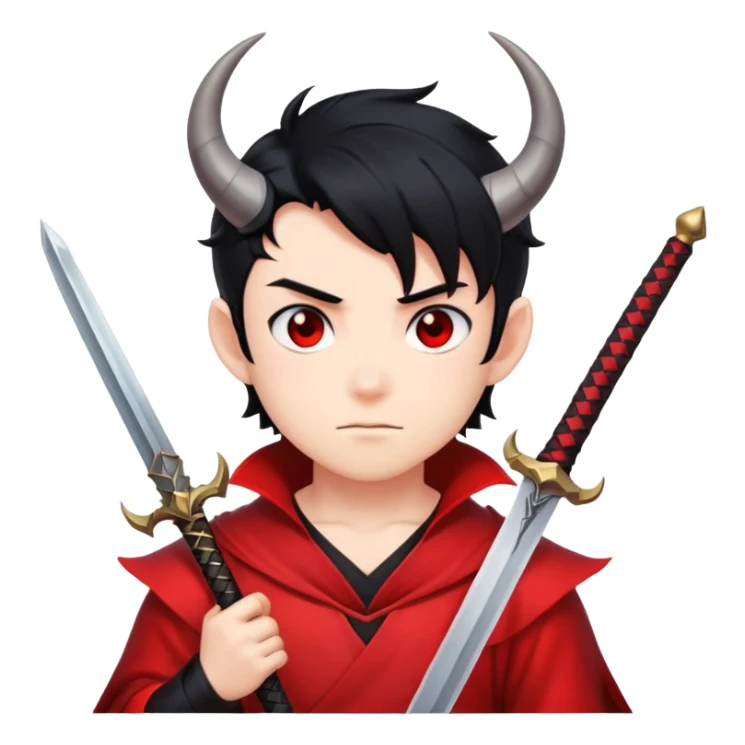 Anime devil boy with black hair, horns, and a sword sticker