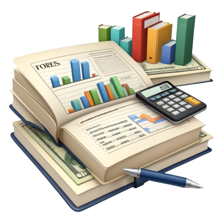 Icon for Business Reading: an open book with graphs, numbers, percentages, formulas, and text on the pages, next to a stack of books, a pile of dollars, a calculator, a pen, and business magazines like Forbes. Transparent background. sticker