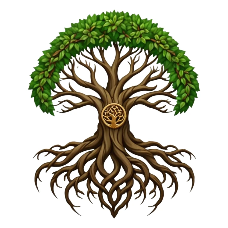 Tree roots forming a sigil shape, earth magic symbolism, deep greens and browns sticker