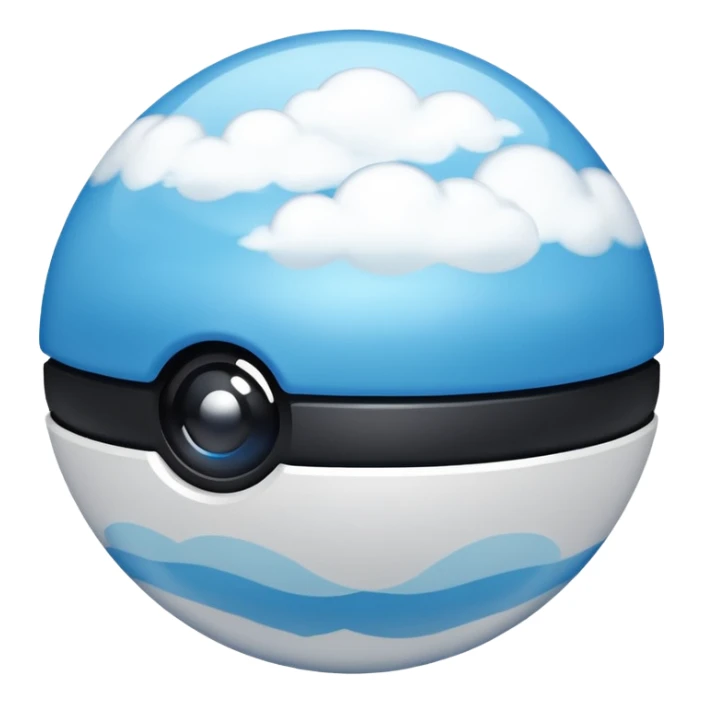 blue pokeball emoji, top half is a more saturated blue, bottom half is white, black stripe, with a white sheen, with a pearlescent finish, with a cloud effect sticker