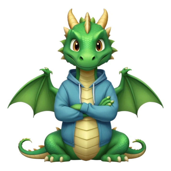 friendly anthropomorphised green dragon in a hoodie and jeans with arms folded, relaxed pose sticker