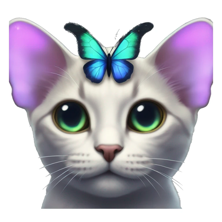 Dark iridescent butterfly glowing on top of cats head  sticker