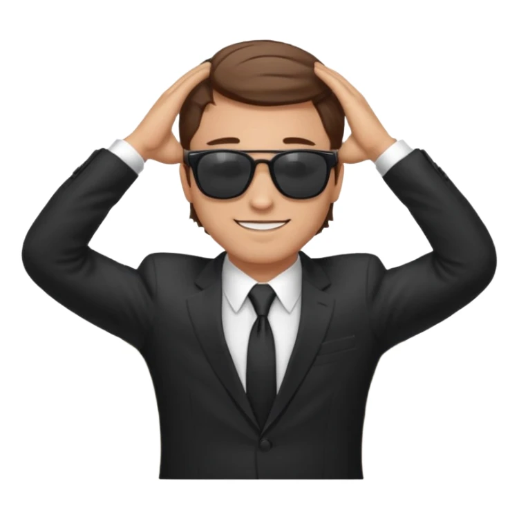 a white man, brown hairs, in formal suit wearing sunglasses resting with hands behind head sticker