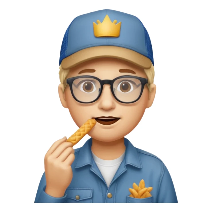 num num eatting hashbrown sticks with a trucking cap and glasses sticker