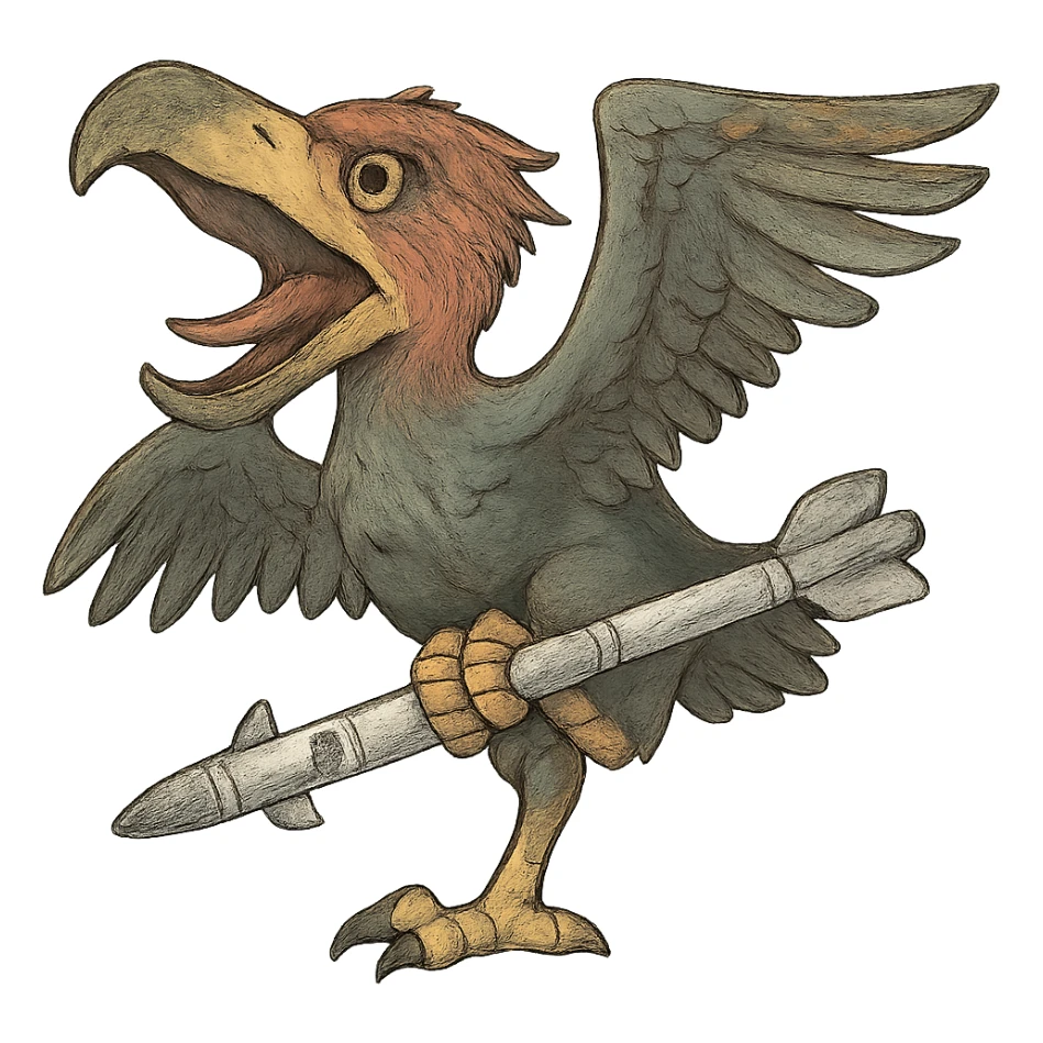 an insignia for a flag: a strange foreign alien bird creature, resembling a prehistoric phorusrhacos, gripping a sidewinder missile in its' powerful claw, standing up on its' other claw, cawing fiercely, wings spread in defiance.
 sticker