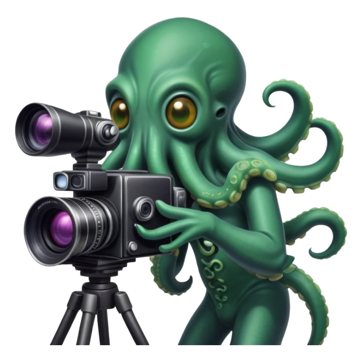 Cthulhu as a cameraman, tentacle-faced cosmic horror entity operating a movie camera sticker