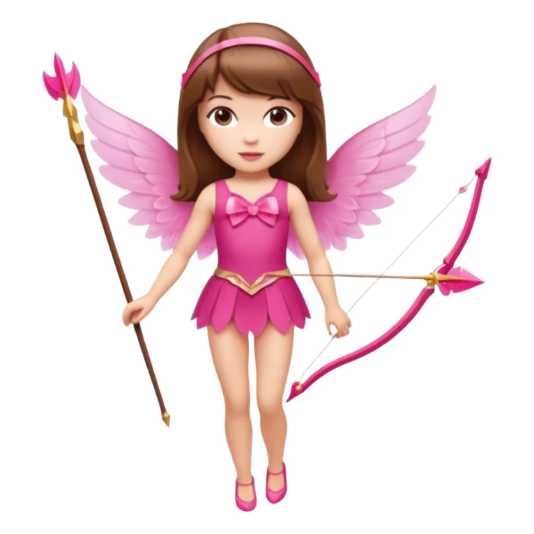 Hada de piel clara cupido pequeña  de cabello largo lacio castaño con flequillo y ojos cafés  vestida con algo sensual semitransparente corto color blanco o rojo con 1 arco y una sola flecha que combinen y labios rositas tipo Barbie pero en hada cupido de cuerpo completo de pies a cabeza   sticker