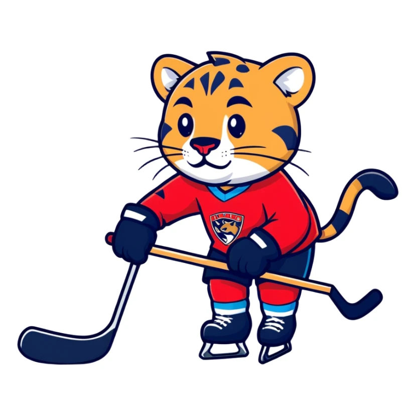 A Florida panther on a ice rink wearing a jersey in red sticker