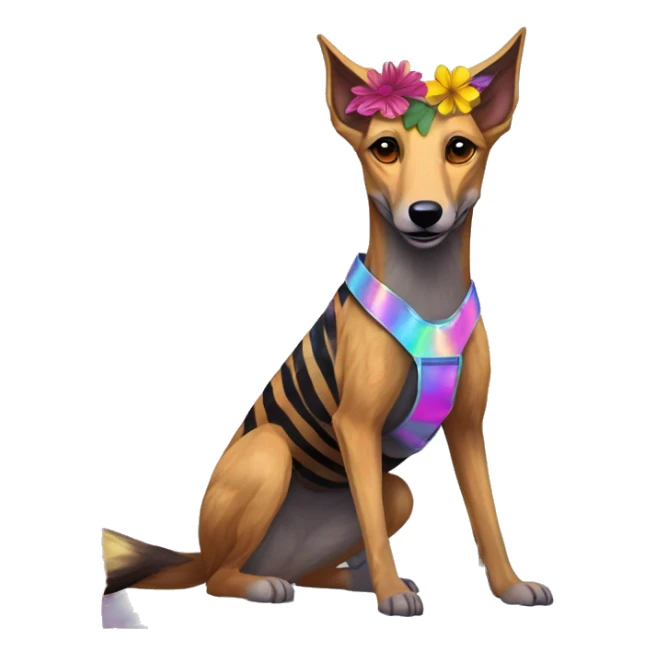  brindle brown black maroon striped lurcher Alsatian fox running blue eyes and iridescent holographic oilslick harness wearing paper iridescent tropical flower crown yellow caution tape sticker
