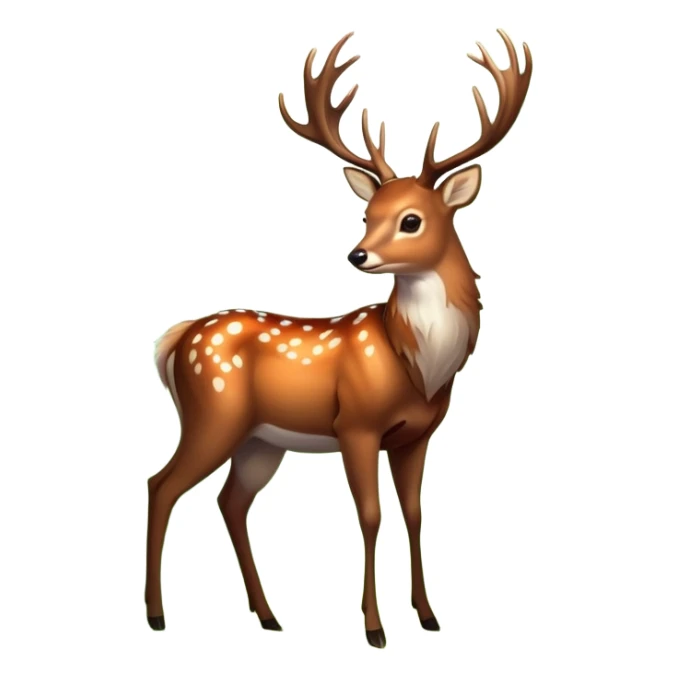 A majestic forest deer with glowing antlers, surrounded by soft green foliage and dappled sunlight, in a magical woodland style. sticker