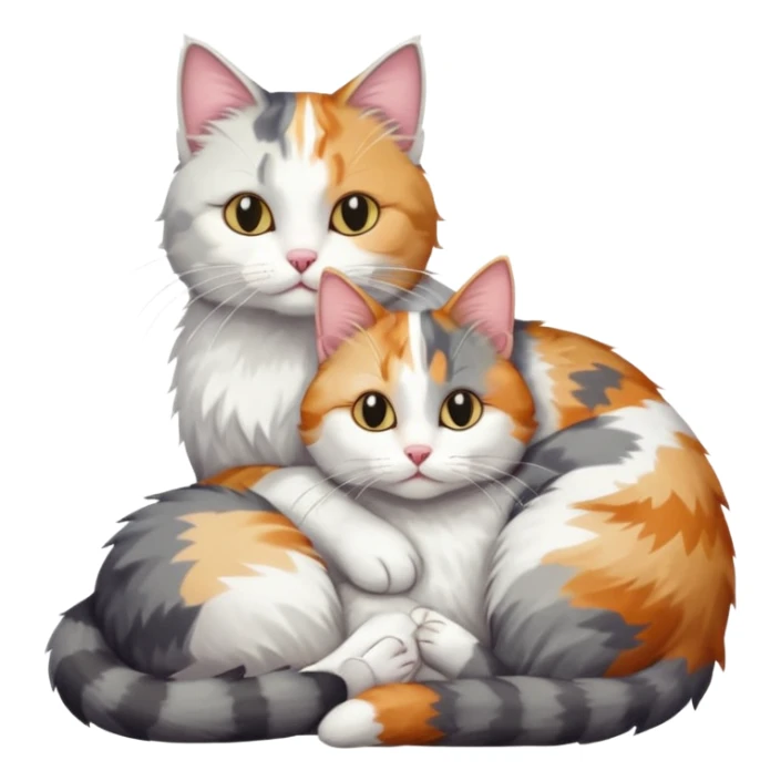 full body colourful light patched calico + white tabby cat cuddling a grey and white cat  sticker