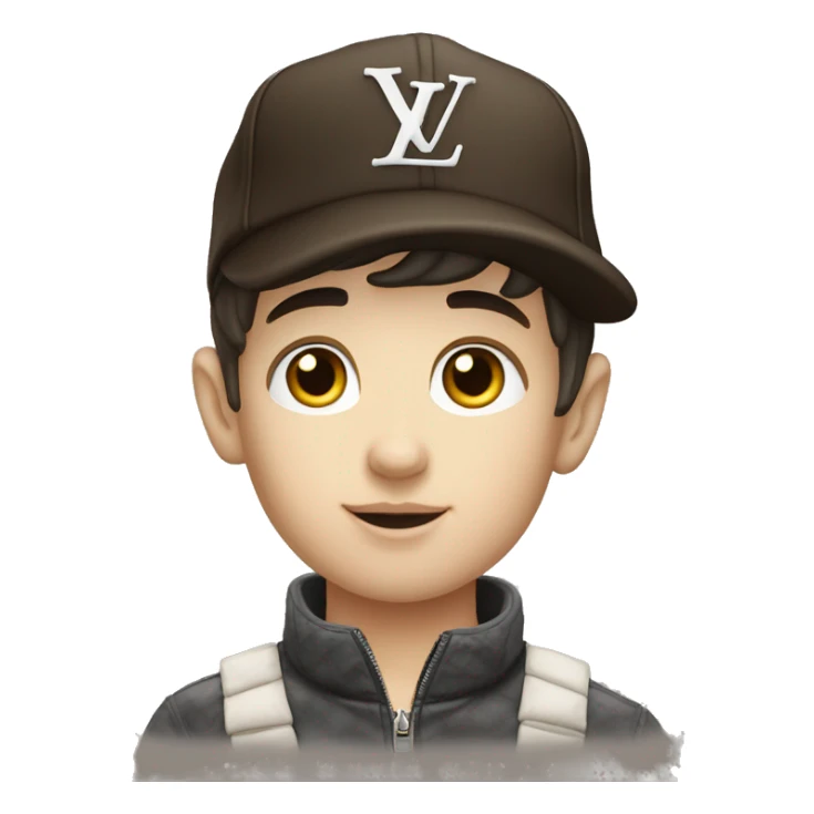 Handsome Young boy , with White skin ,  dark hair , wearing cap Louis Vuitton   sticker