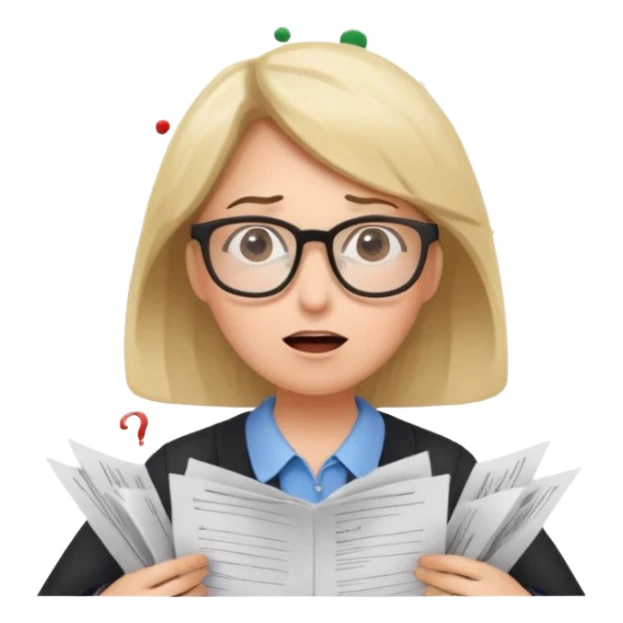 A kindergardenteacher with an overwhelmed expression, surrounded by flying papers and three question marks. sticker