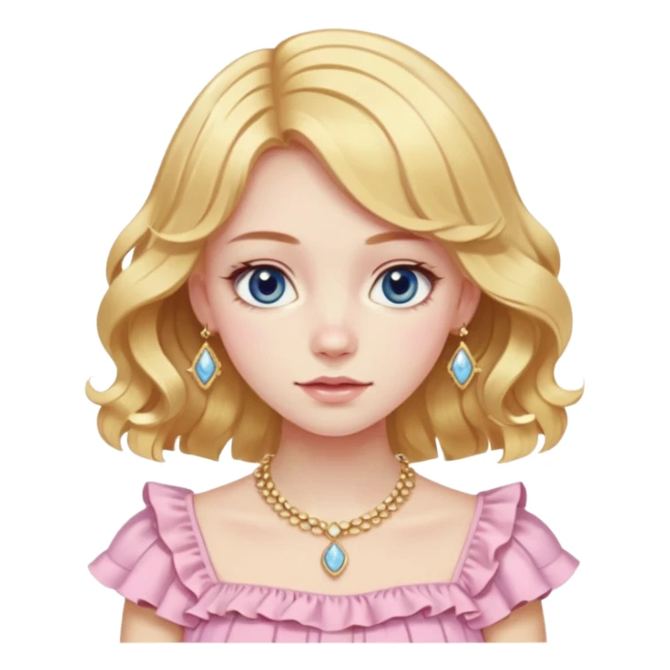 Slavic girl with peachy-pink pale skin, medium-short length straight-wavy light golden brown hair, dark blue eyes, wearing a fancy ruffle pastel yellow top and expensive light gold jewelry sticker