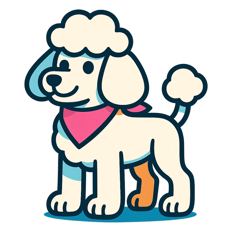 white poodle with pink bandana, vibrant cartoon style sticker