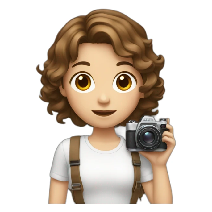 girl with short wavy brown hair, holding a camera sticker