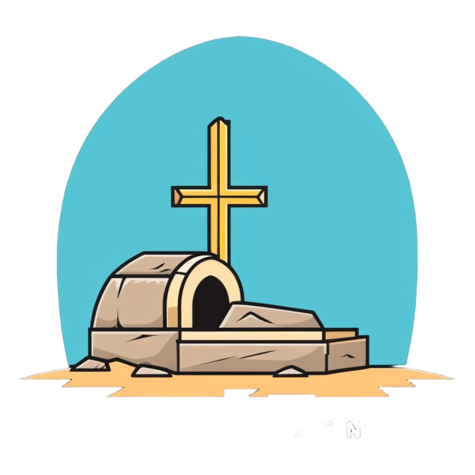 An empty tomb with stone rolled away and "He is risen" text sticker