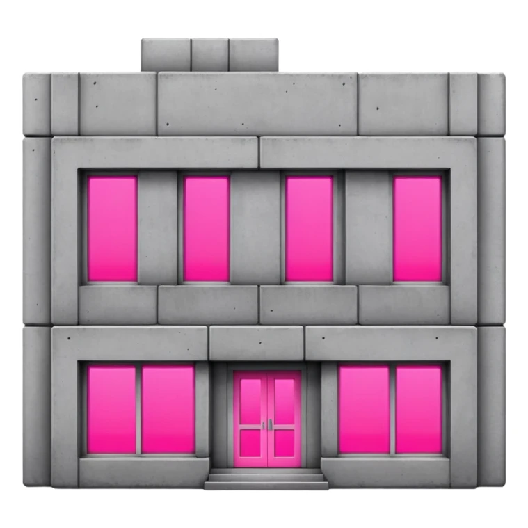 brutalist gray concrete block building with one neon pink window and several regular windows sticker