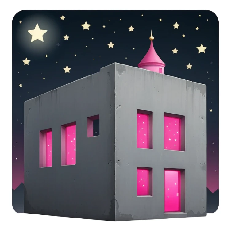 Night view of minimalist gray concrete Russian building, shadowy rectangular structure with one bright pink glowing window, stars in sky sticker