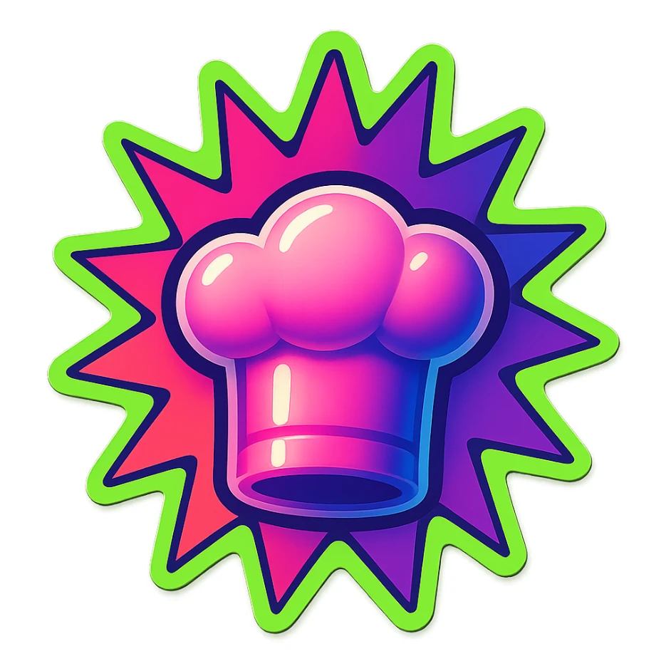 chef's hat, colors explosion, playful and modern with gradient FF4D67, 9D34FF gradient, border green neon, vibrant, matching image reference  sticker