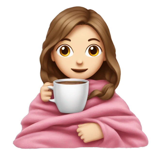 brown-haired white girl inside a pink blanket sipping coffee  sticker