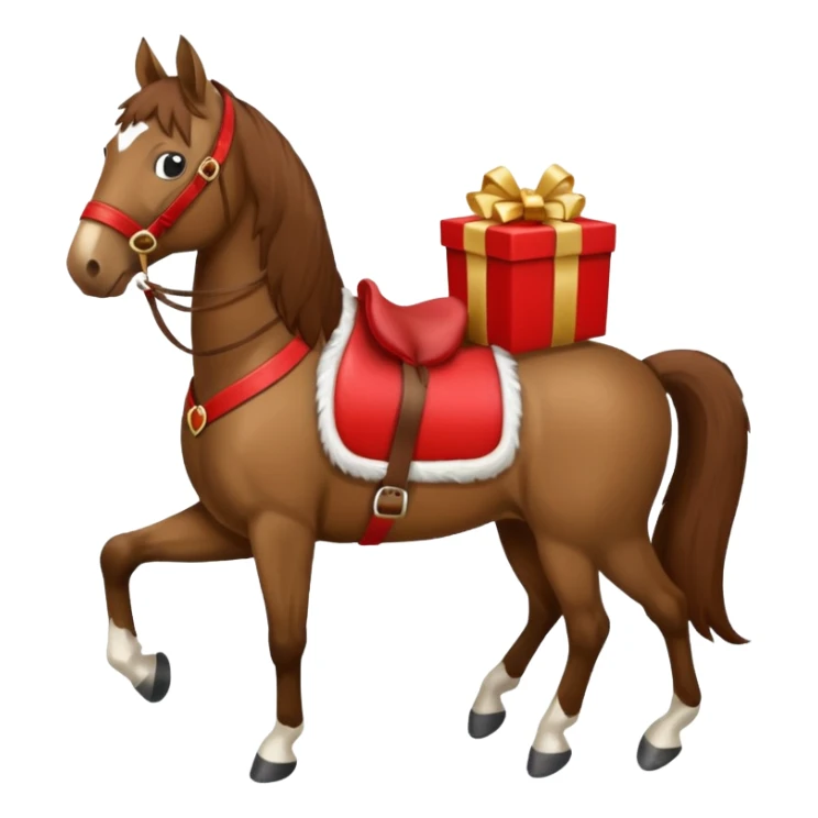 a New Year's horse with a red saddle, which has a red gift box with a white bow on the saddle sticker
