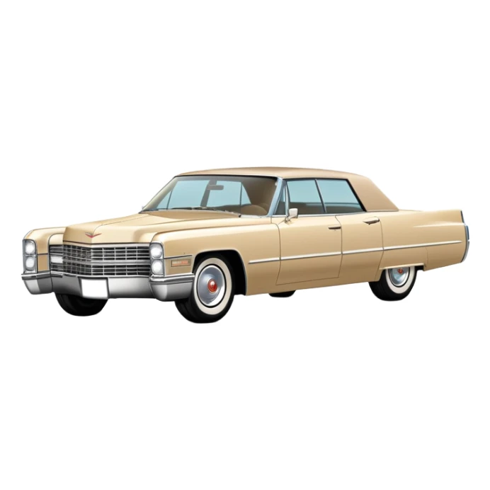 Simplified beige 1966 Cadillac DeVille, minimal design with clean outlines, 30-degree angle, reduced to basic shapes, recognizable silhouette with few details, iOS emoji style sticker