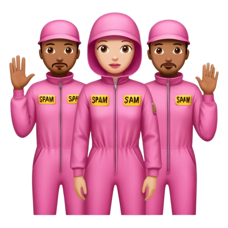 artists wearing pink jumpsuits s protesting for spam meat art sticker