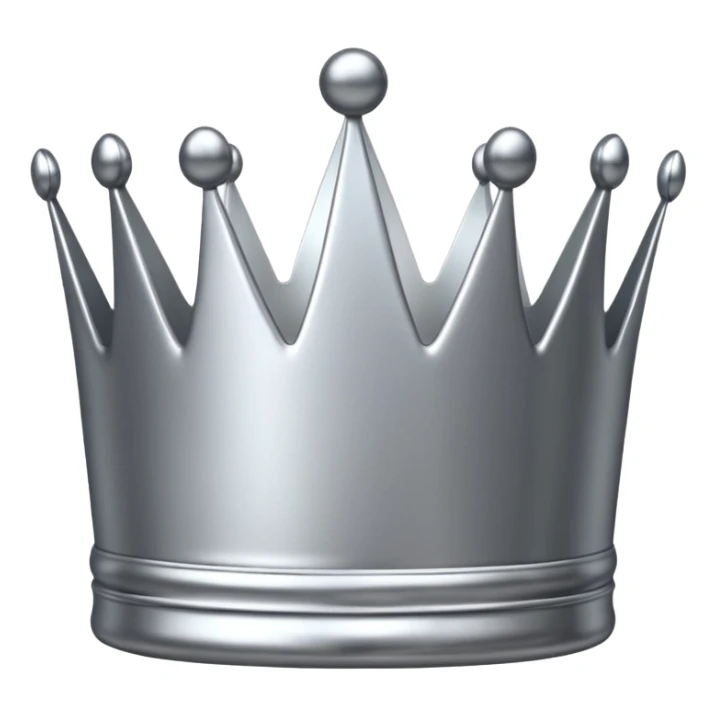 A luxury silver crown emoji, chrome metallic finish, smooth rounded edges, subtle sparkle, polished reflective surface, cute proportions, iOS emoji style, centered on a clean white background, soft studio lighting, no outlines sticker
