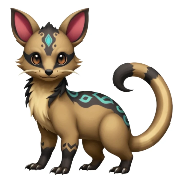 Rare warm-colored exotic cute epic aesthetic gothic colorful Salandit-Eevee-Civet-species-Fakemon-hybrid-creature, with intricate tattoo markings, full body sticker