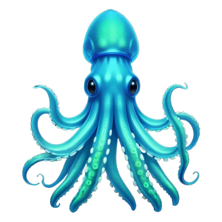 3D render of Deep Sea Squid, bioluminescent deep sea style, glowing neon blue and green lights, dark background to contrast the glow, translucent organic textures. sticker