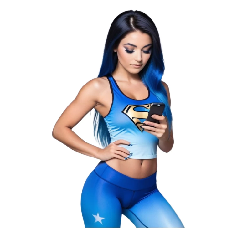 looking up at the sky-texting on phone-very very very large upper body-sexy face-bending forward at waist-very long very straight dark blue to light blue ombre hair-and-blue eyes-thick black eyeliner-thick long eyelashes-iridescent blue lowcut tanktop with black leggings with glitter superman logo sticker
