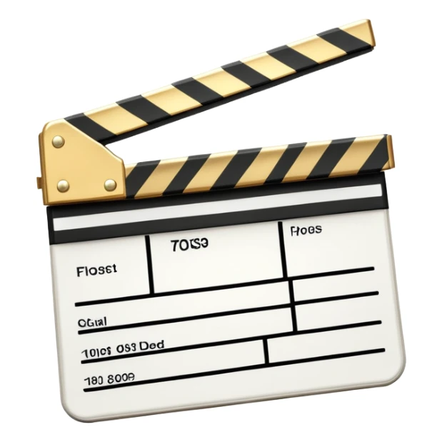 stylized clapperboard with shiny gold upper part and white lower part, diagonal striped pattern sticker