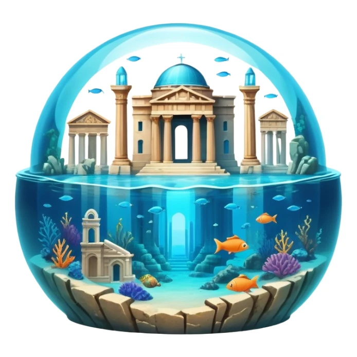 Atlantis underwater city with domed buildings, ancient Greek architecture, glowing blue energy crystal, surrounded by fish, more simple and ruins sticker