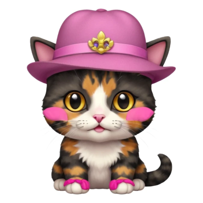 Cute black tortoiseshell kitten wearing a british hat, golden eyes sticker