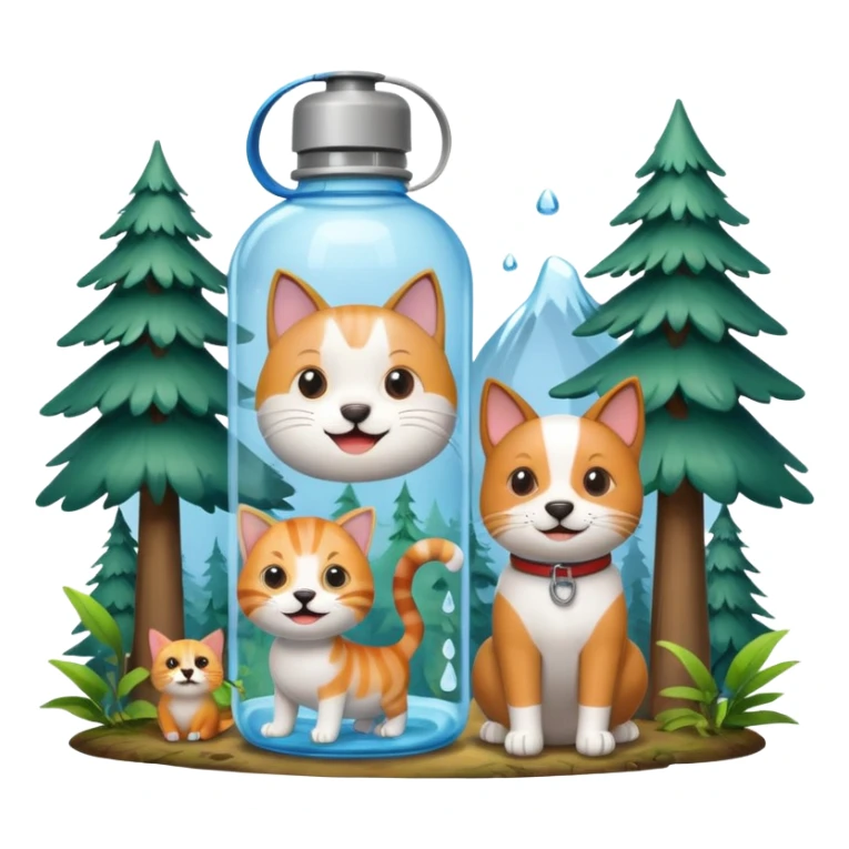 make a water bottle smile in a forests with a cat and dog  sticker