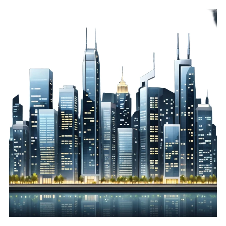 A modern cityscape with tall buildings, skyscrapers, and windows lit up, representing an urban environment full of life and activity sticker