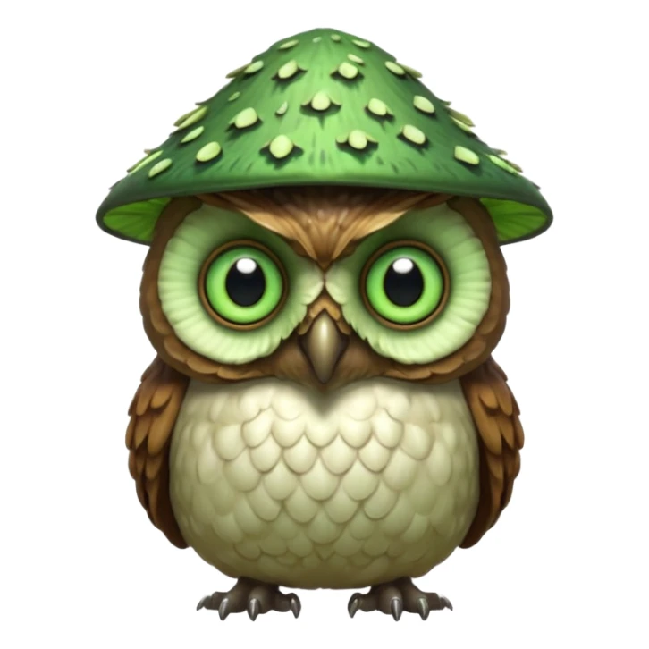 poisonous mushroom owl creature portrait, head and shoulders only, large beast-like owl eyes, mushroom cap feathers, glowing green spores, mystical forest monster, 3D cartoon, mobile game icon style, clean background, no text, no watermark

 sticker