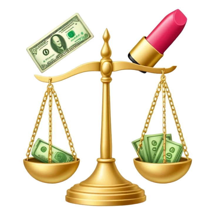 gold scale with green dollar bills on left side and lipstick and nail polish on right side sticker