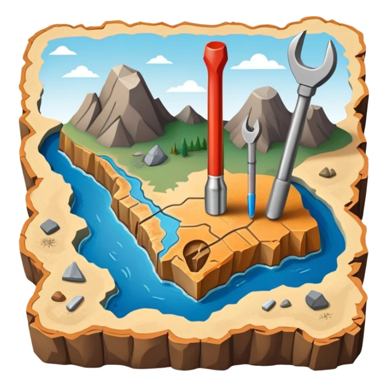 An icon featuring a crowbar and chisel, a geological map, and layers of Earth’s crust, symbolizing geology. The design includes mineral samples, fossils, and tectonic plates, representing the study of Earth’s structure and natural processes. Transparent background highlights geological exploration sticker