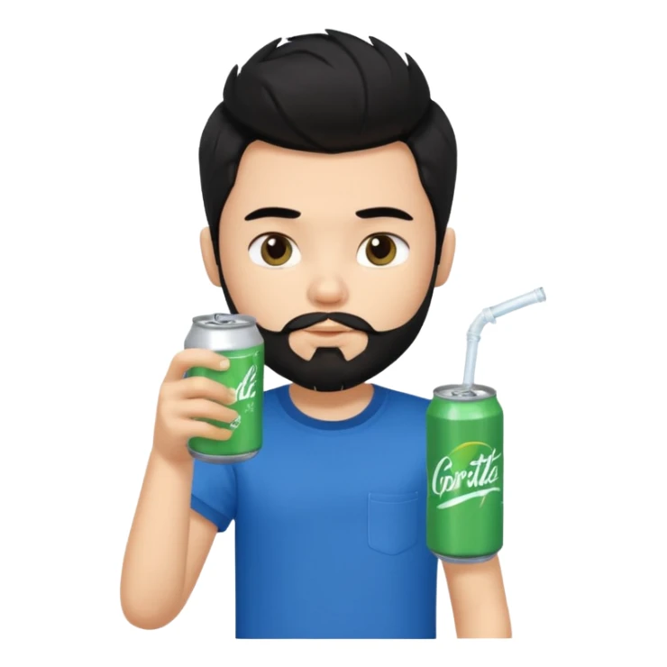 generate a pretty bratz boy with a messy black hair, drinking sprite can, bearded, blue tshirt sticker