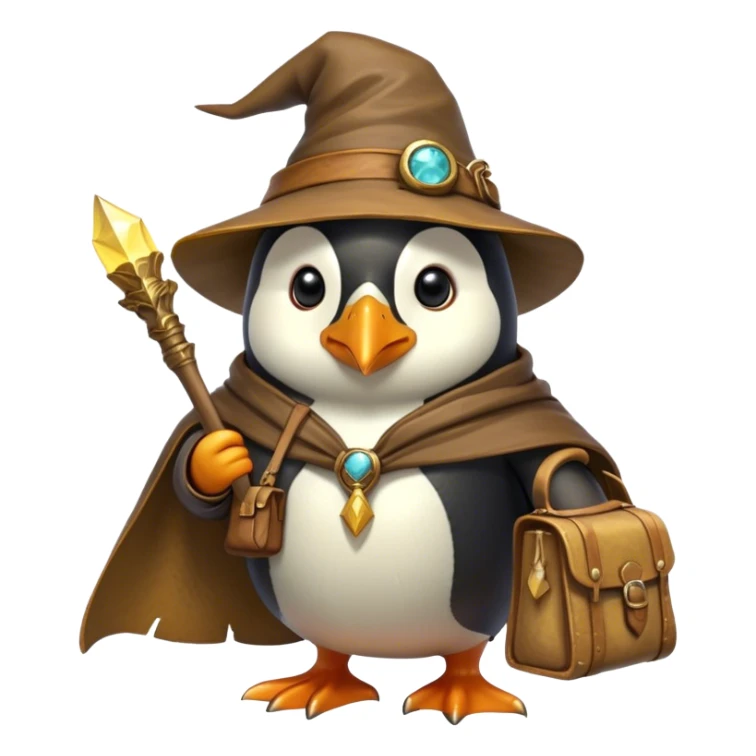 A wizard-explorer penguin inspired by Indiana Jones, wearing a weathered yellow enchanted hat and a flowing cape. It carries a leather satchel with ancient scrolls and holds a glowing magical relic. Cartoon-style, smooth shading, highly detailed, no background sticker