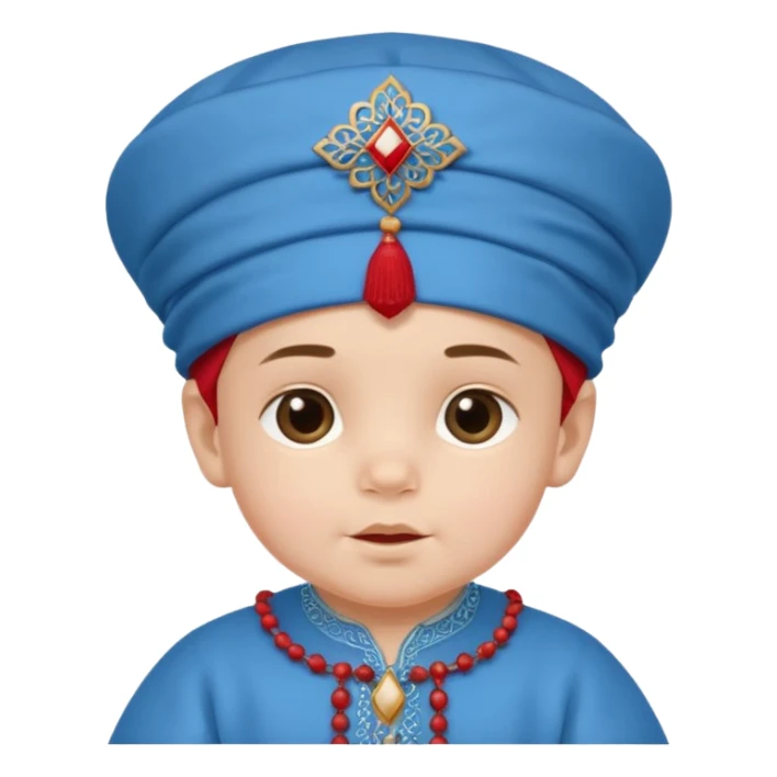  baby boy dressed in a blue ghalibiya with delicate decorations with a red Moracain hat  sticker