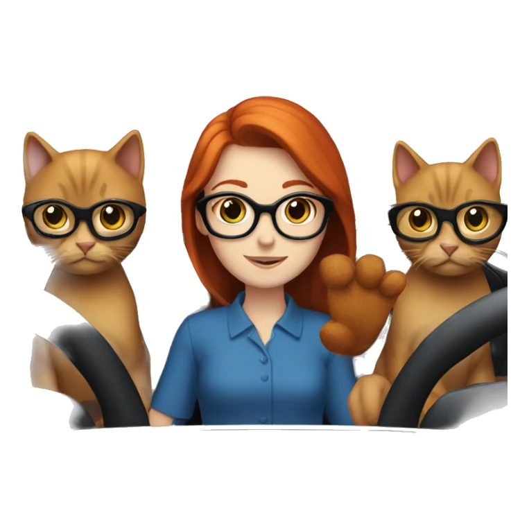 Redhead girl glasses driving blue with 2 black cats  sticker