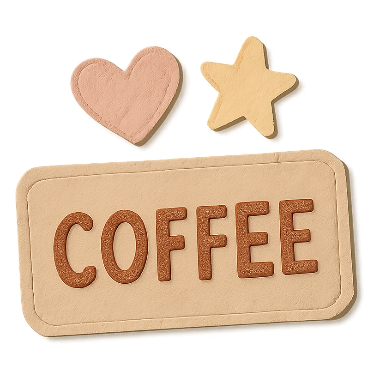 pastel brown coffee label sticker shapes, heart and star, hand-drawn style, transparent background sticker